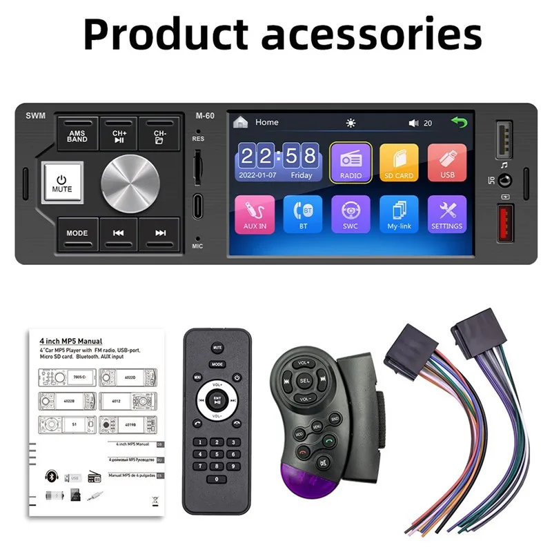 Touch Screen Car Radio 1 Din 4.1” Bluetooth 4.0 Stereo Audio FM Receiver USB Support Rearview Camera and Steering Wheel Control |