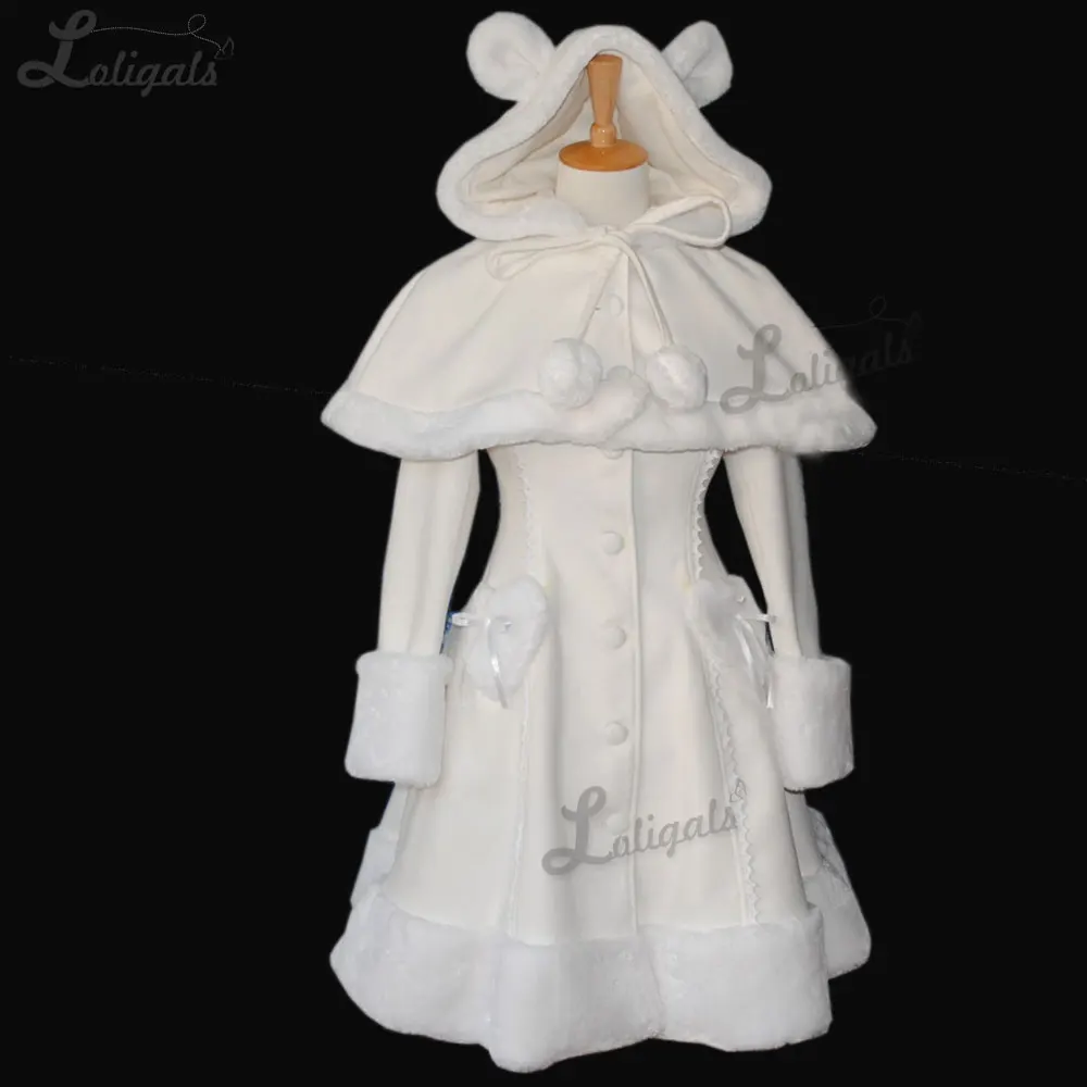 

Cute Women's Rabbit Ear Hooded Long Coat Girl's White Lolita Winter Coat with Cape Plus Size Custom Tailored