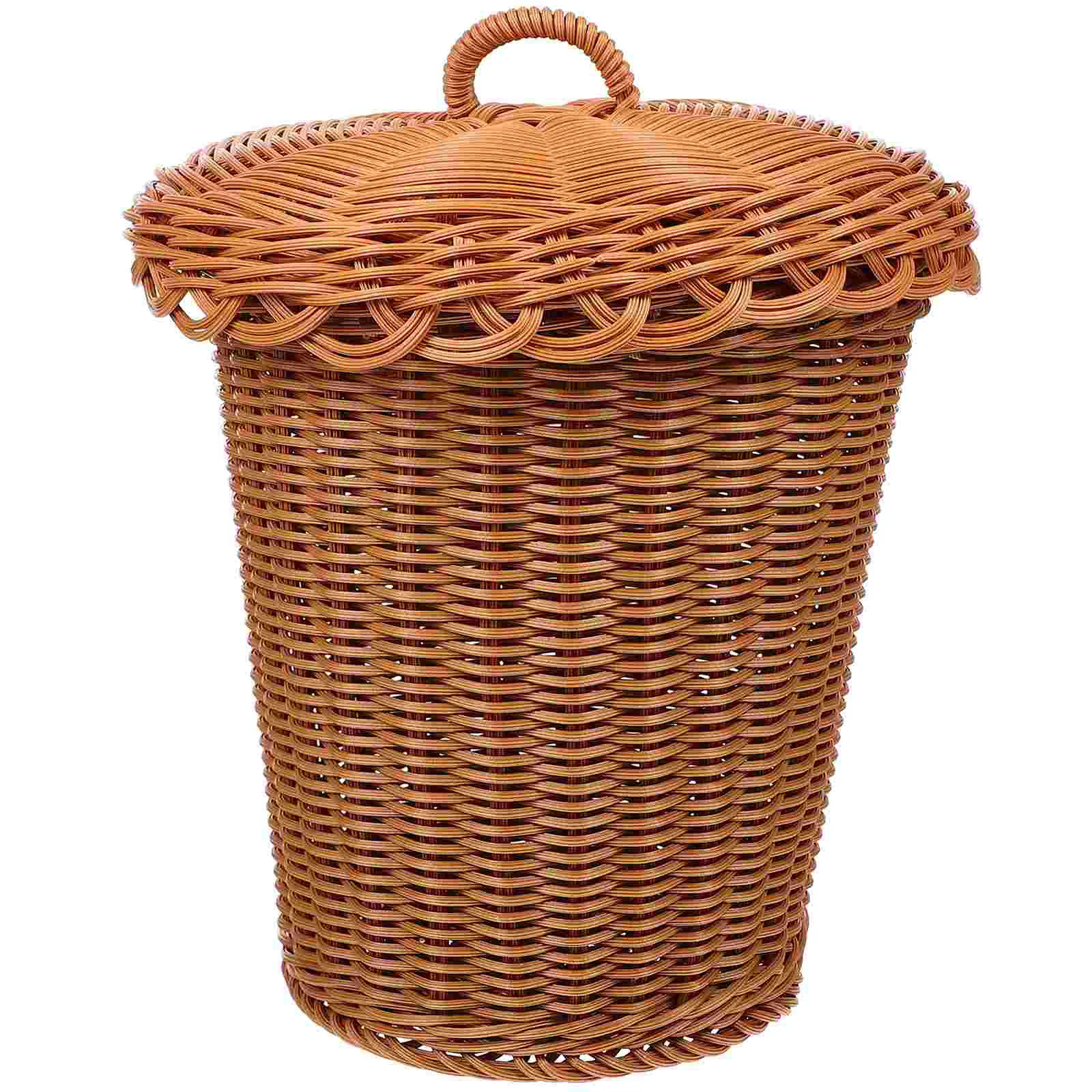 

Woven Trash Can Storage Basket Lid Plastic Laundry Sundries Imitation Rattan Holder Bedroom Garbage Multipurpose