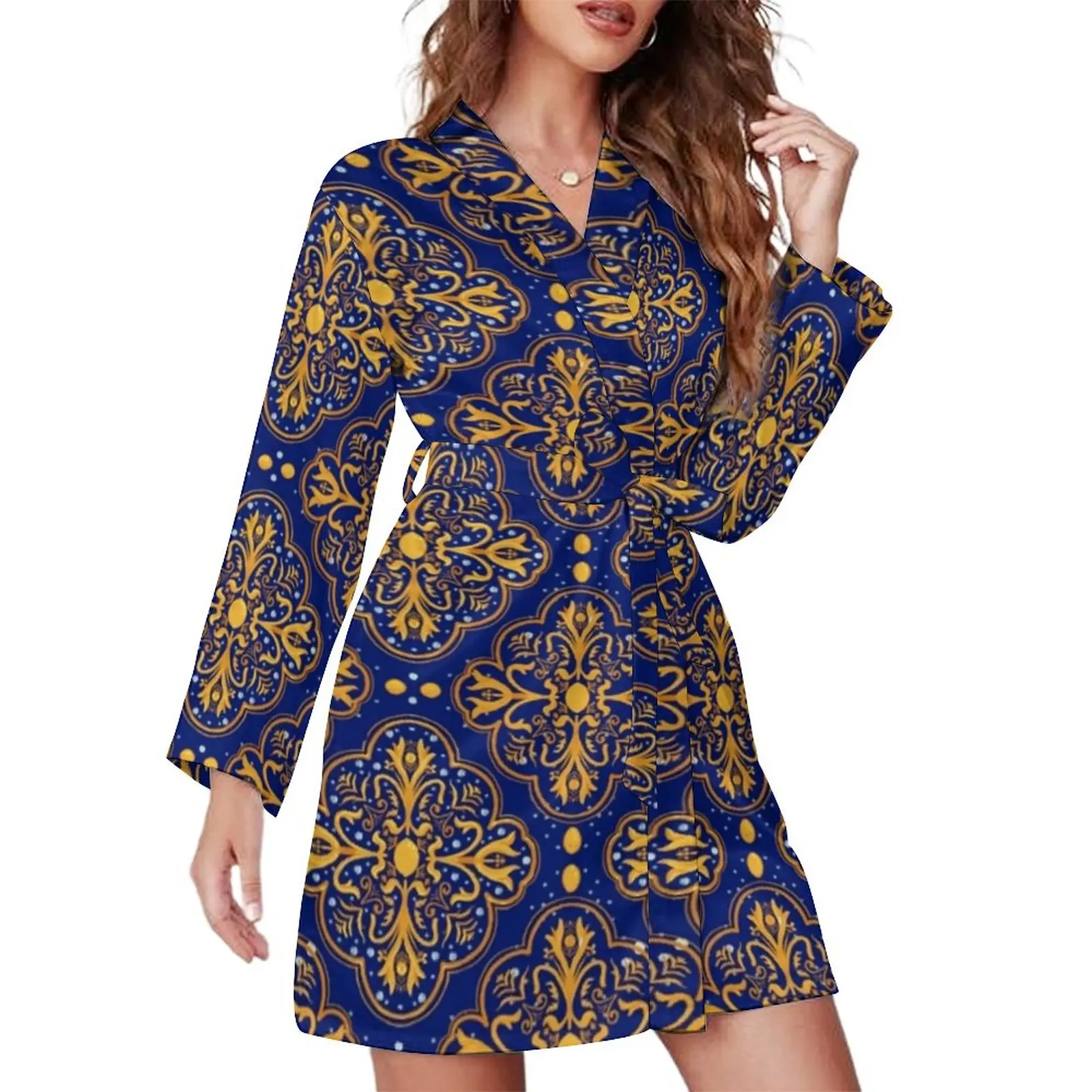 

Retro Baroque Print Pajama Robe Rococo Lemons Long Sleeves Cute Pajamas Robes Woman V Neck Leisure Bathrobe Spring Printed Dress