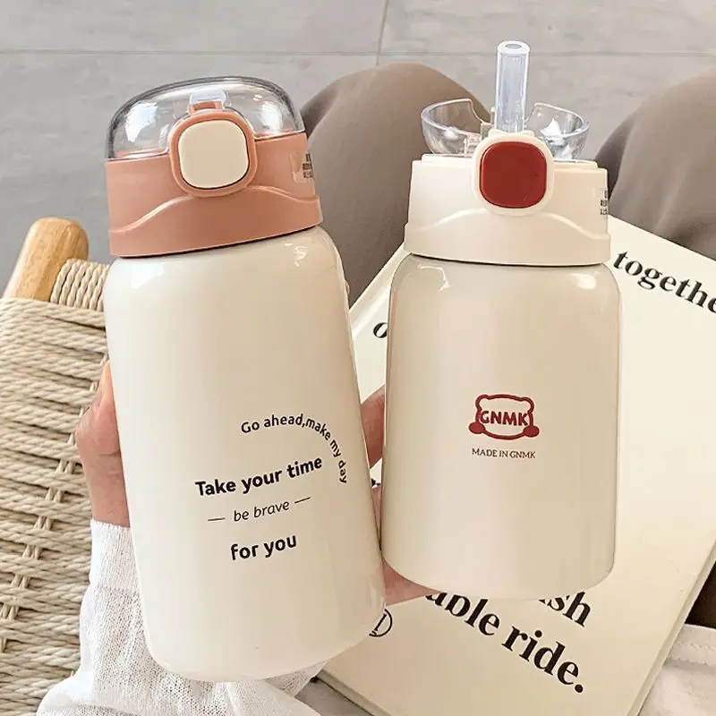 

Thermal Water Bottle Hot Drinks Straw Vacuum Lid Thermos for Children Cup Coffee Carry Stainless Steel Kawaii Themo Cold