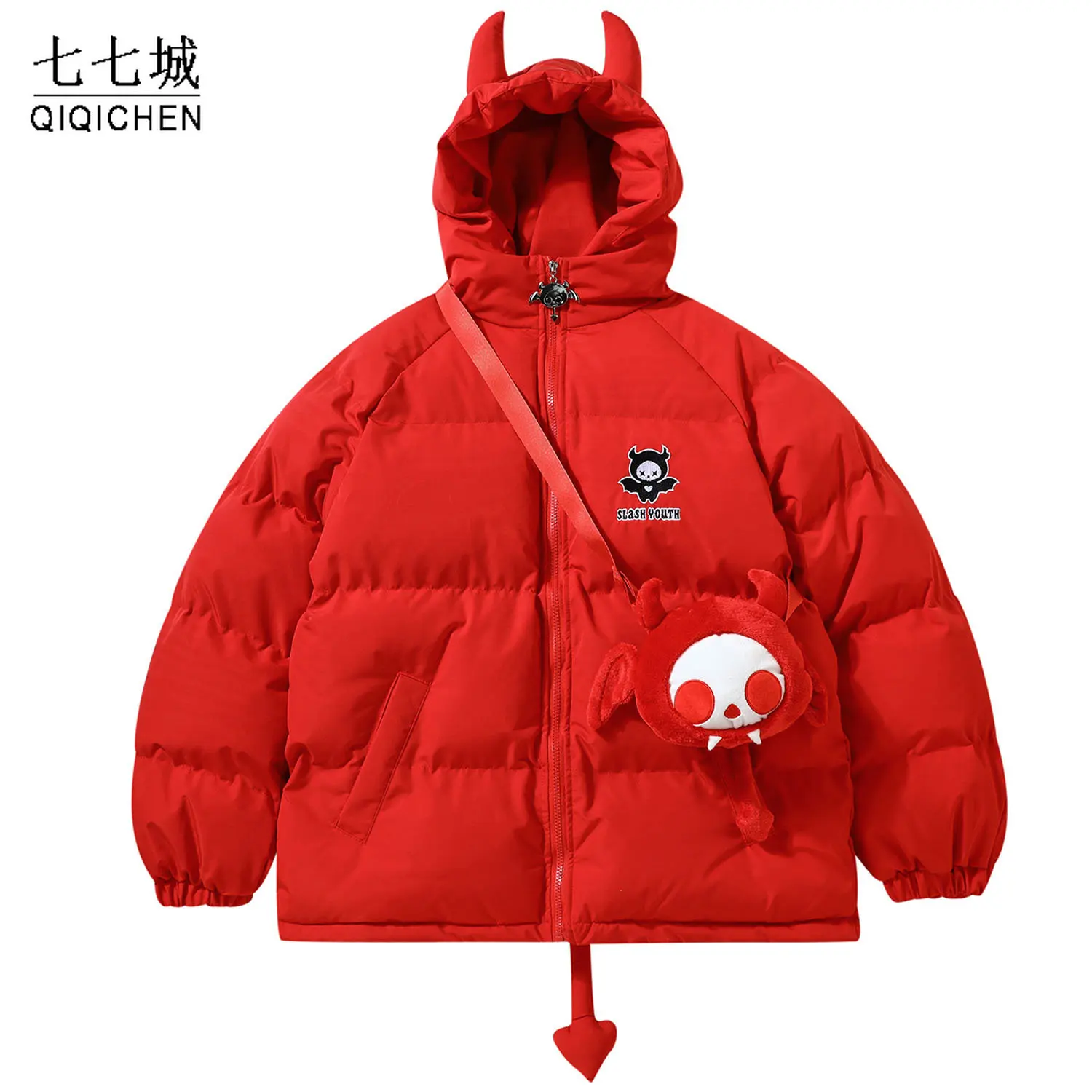 Mens Winter Parkas Devil's Horn with Tail Wings Higth Street Oversized Cotton Jacket Women Hip Hop Harajuku Thick Coat Outwear