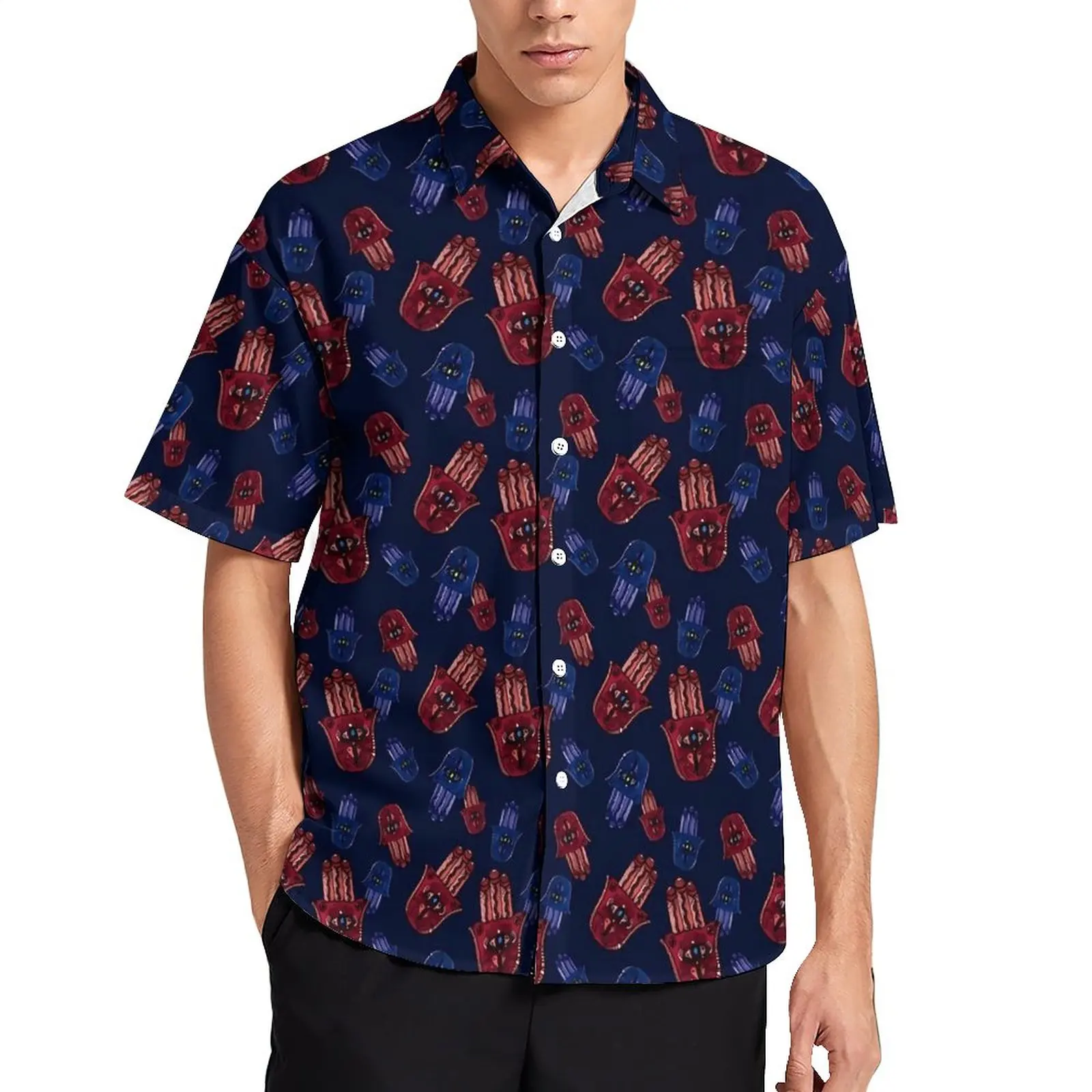 

Hamsa Hand Blouses Men Red And Blue Casual Shirts Hawaiian Short Sleeves Pattern Vintage Oversize Vacation Shirt Gift