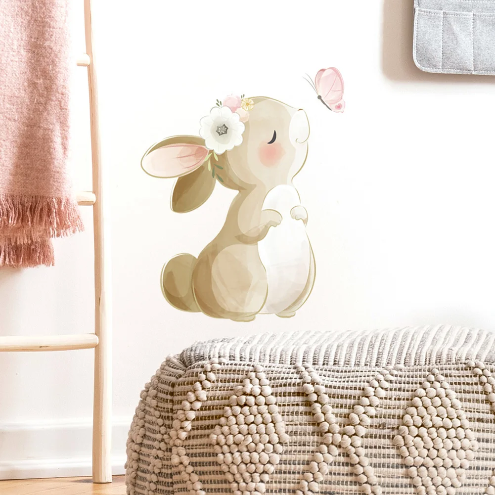 Cute Rabbit Butterfly Wall Sticker for Kids Room Home Decoration Mural Living Room Bedroom Wallpaper Bunny Stickers Christmas