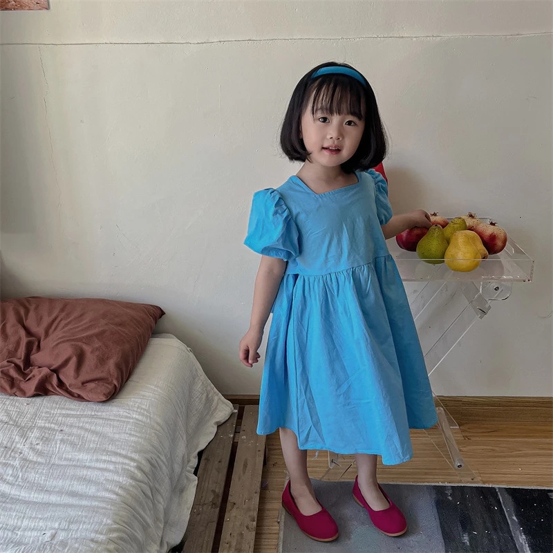 

Korean Style Summer Infant Girls Dress Solid Color Short Sleeve Newborn Baby Girls Princess Dress Kids Party Dresses