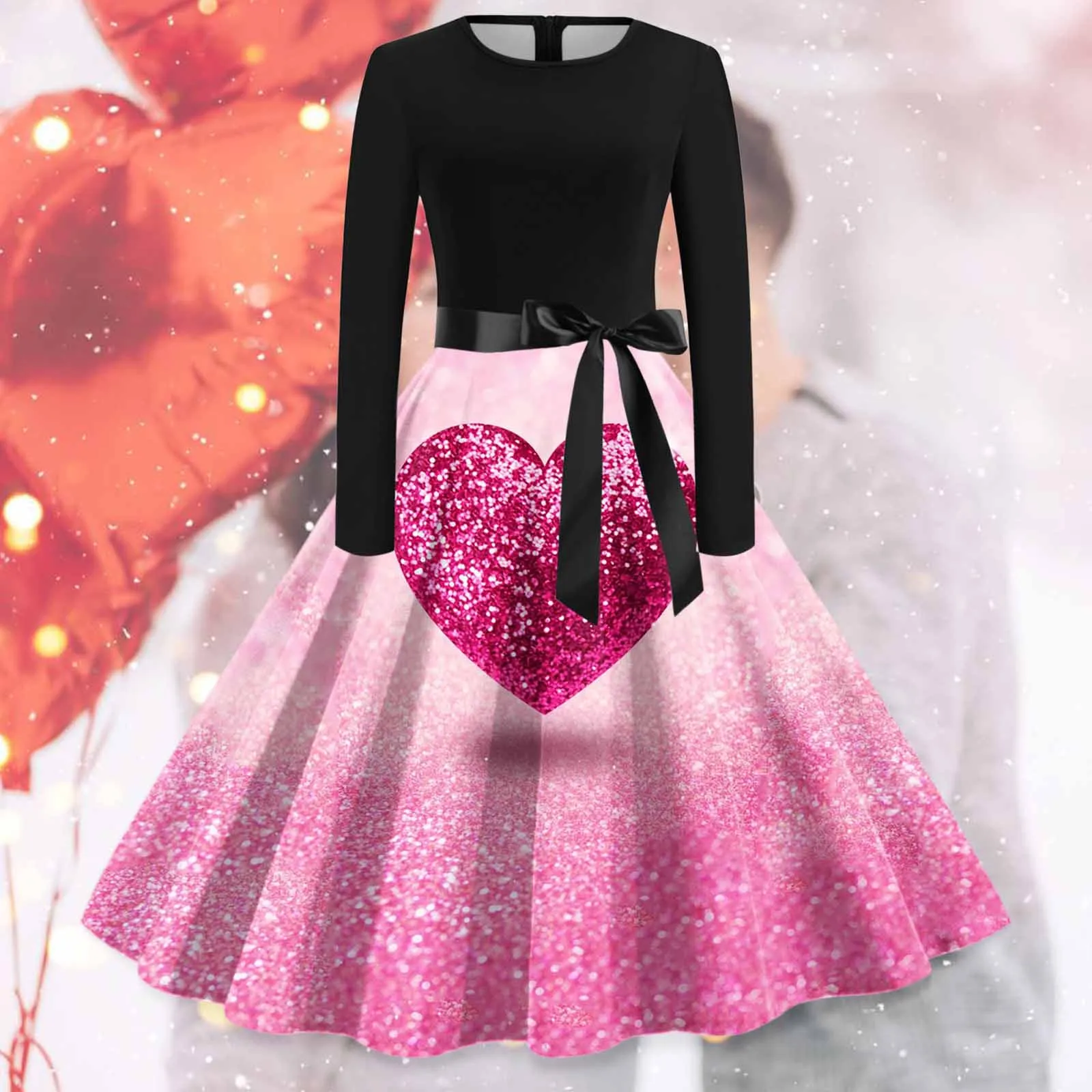 

Romantic Party Dresses Women Vintage Long Sleeve O Neck Valentine's Day Print 1950s Housewife Evening Party Prom Beach Dress