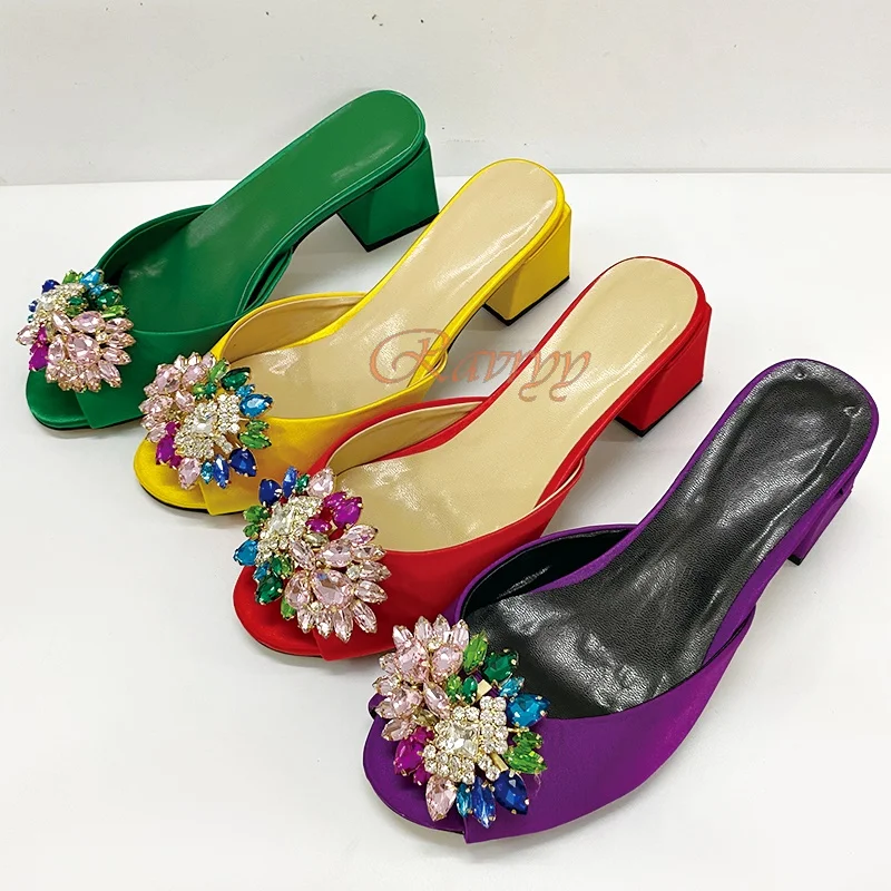 

Luxury Designed Shoes Women Mixed Color Rhinestone Chunky Mules Genuine Leather Slipper Plus Size 43 Summer Shoes Red\Green\Gold