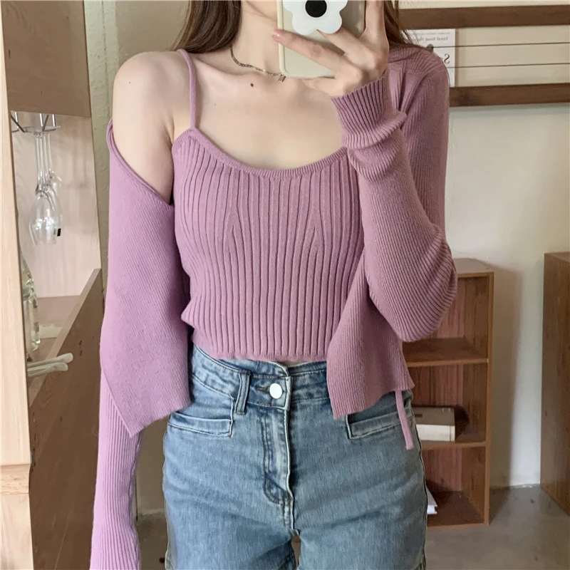 

Женский комплект из двух предметов, однотонный Укороченный кардиган с длинным рукавом, в Корейском стиле, осень 2022