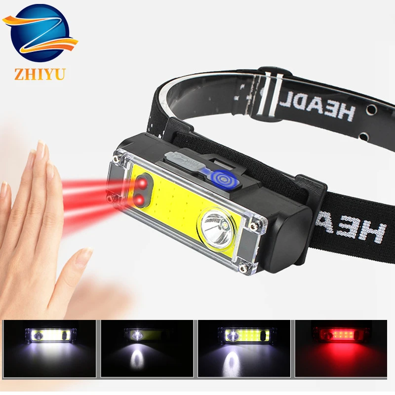 

Headlamp COB+XPE red light Portable USB rechargeable lamp multi-functional 6 Modes sensor outdoor waterproof fishing headlamp