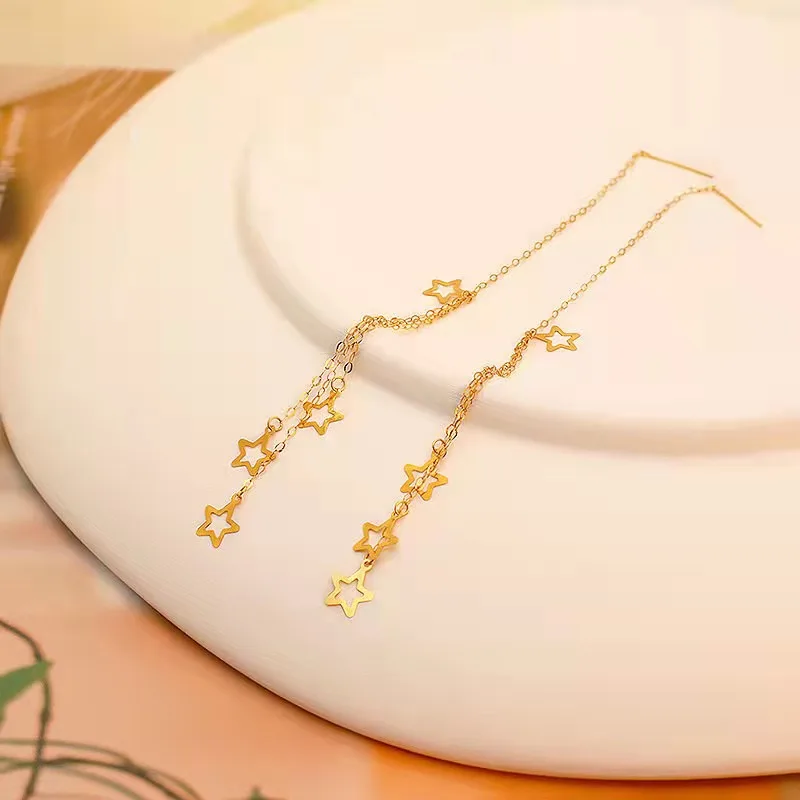 

RUIYI Real 18K Gold Earring Drop Simple Five-pointed Star Design Pure AU750 Tassel Earrings For Women Fine Jewelry Wedding Gift