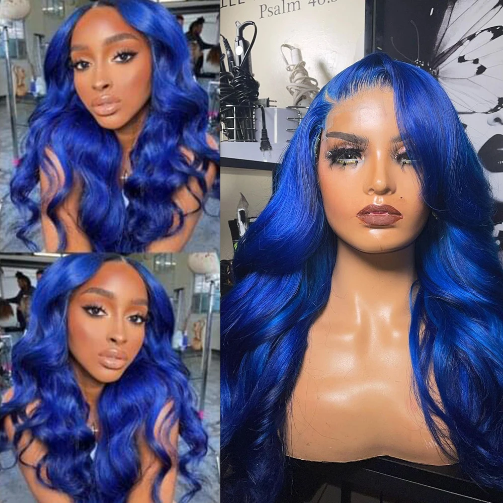 Body Wave Synthetic Wig Blue Long Wavy Glueless Fiber Lace Frontal Wigs Cosplay Use Women Hair