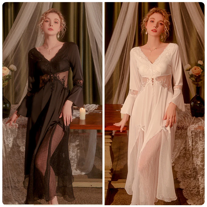 Sexy Night Wears For Women Satin Robe Temptation Deep V Mesh With Bra Pads Embroidery Lace Wedding Bride Nightdress Home Suit