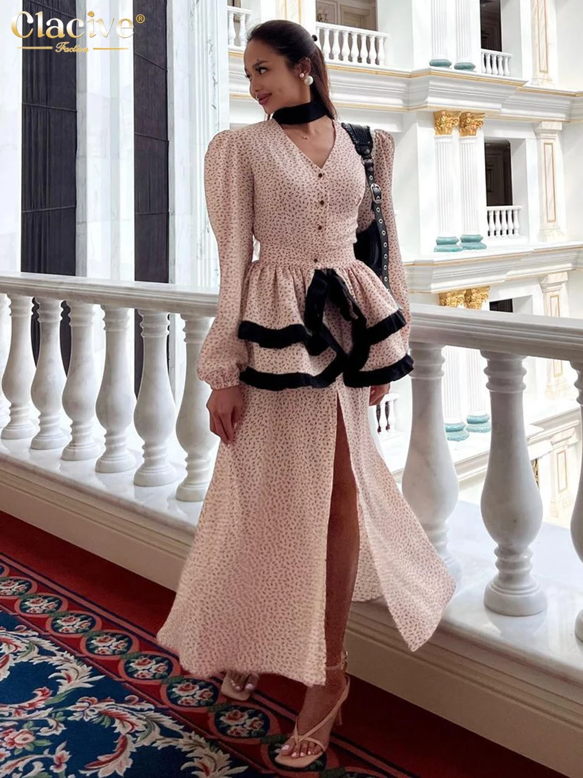

Clacive Sexy Slim Print 2 Piece Sets Women Outfit Fashion Long Sleeve Pleated Top With High Waist Slit Long Skirts Set Female