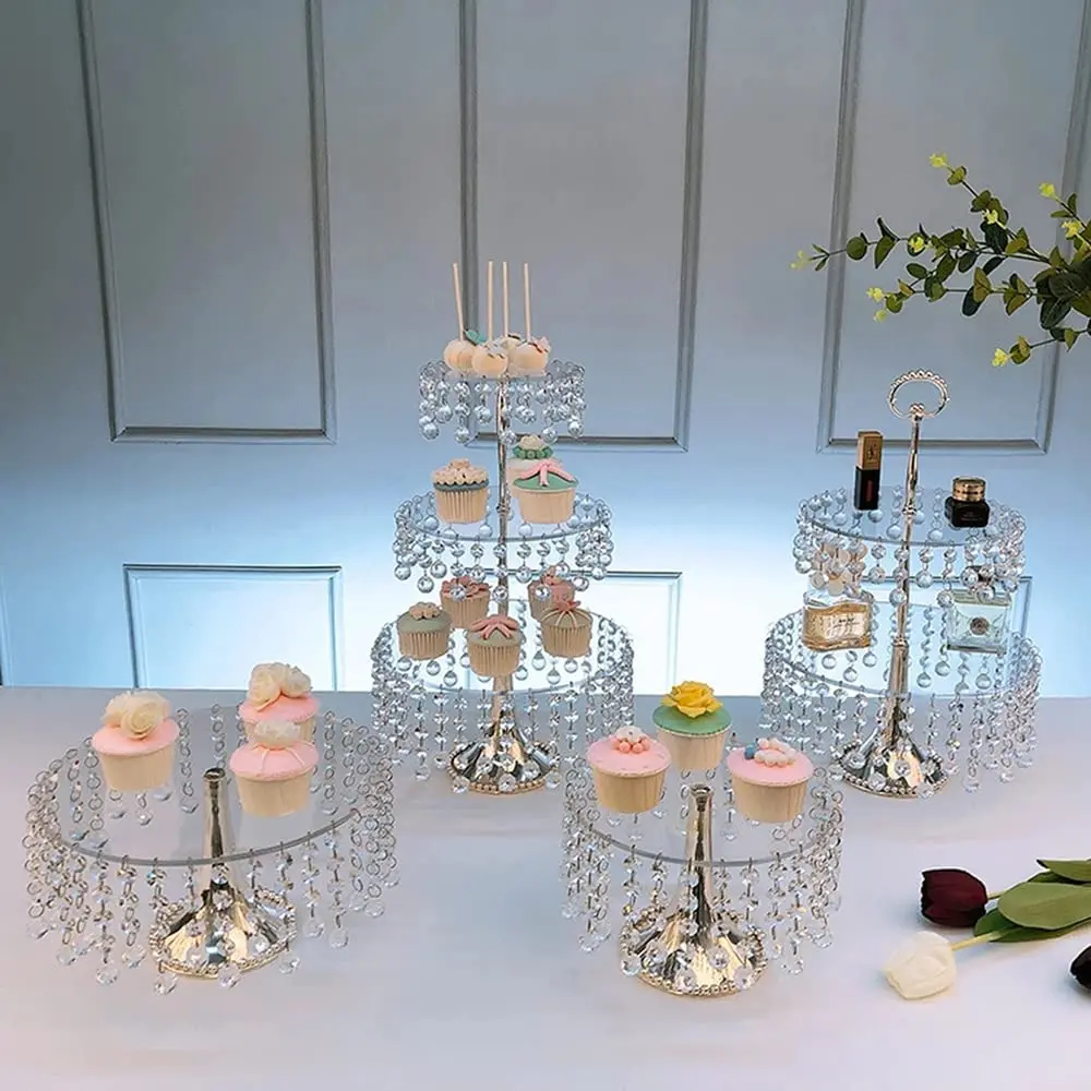 

4 pieces Cake Stand Wedding Birthday Party Metal Crystal Pendants Decor