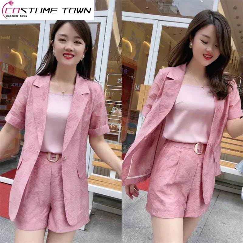 Korean Popular Retro Printed Short-sleeved Jacket Blazer Casual Shorts Two-piece Elegant Women's Shorts Suit Office Outfits 2023