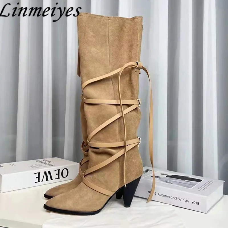 

New Spike Heels Knee High Boots Women Pointed Toe Cross Tied Long Boots High Heels Runway Shoes Women Suede Western Cowboy Boots