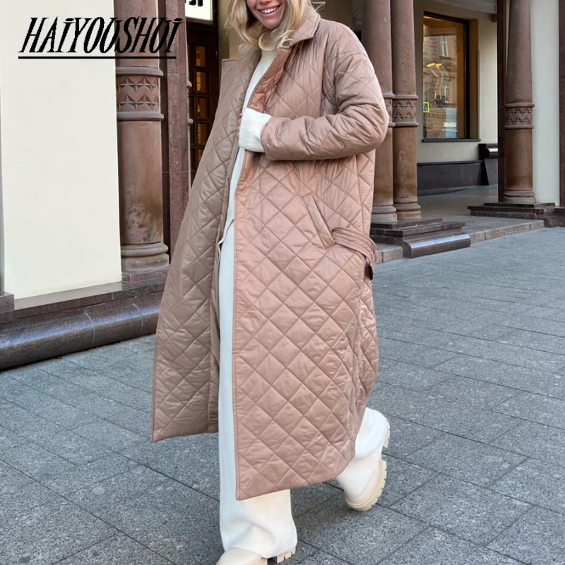 Long straight winter coat with rhombus pattern Casual sashes women parkas Deep pockets