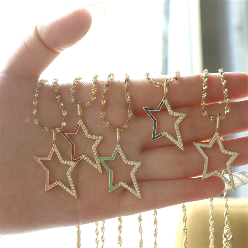 

WeSparking EMO Pentacle Zircon Charm Drop Enamel Necklace Gold Plated Mosaic Snake Bone Chain Necklace Fashion Free Shipping