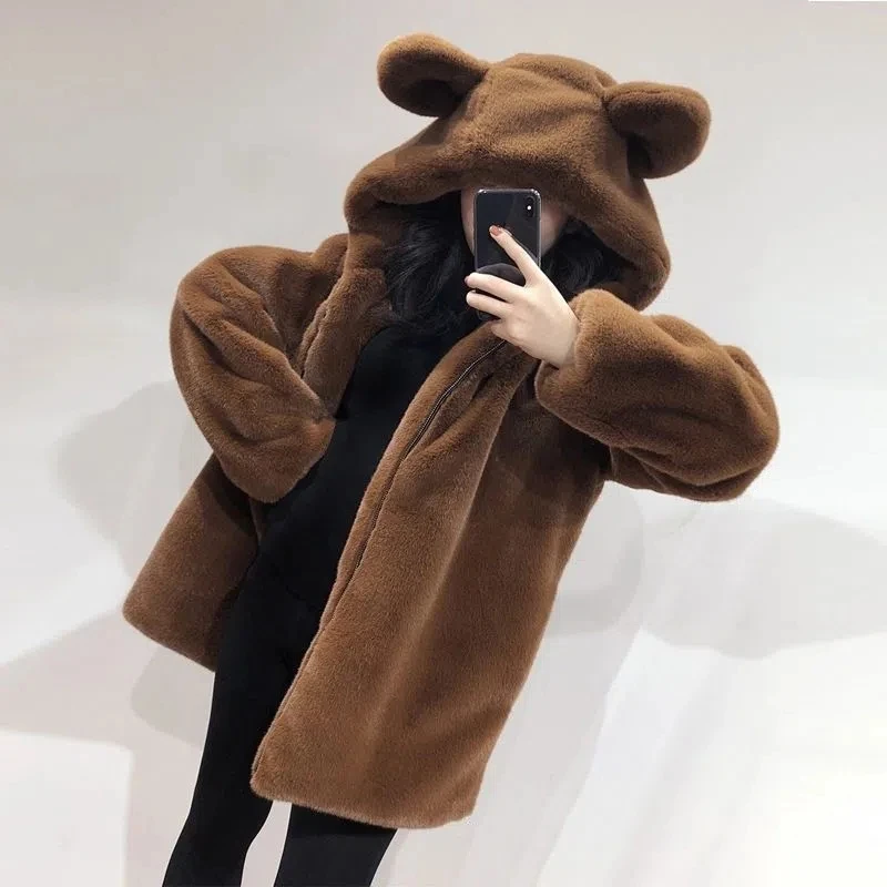 Brown Teddy Faux Fur Coat Women Designer Bear Ears Hoodies Velvet Padded Loose Jacket 2022 Casual Imitation Mink Fur Overcoat