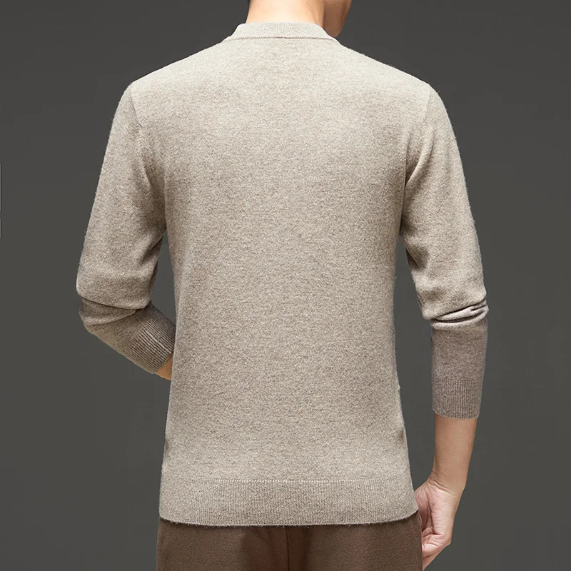 Fall/Winter 100% Pure Wool High-End Men's O-Neck Sweater Jacquard Long-Sleeved Leisure Business Warm Cashmere Jacket Men's Wear
