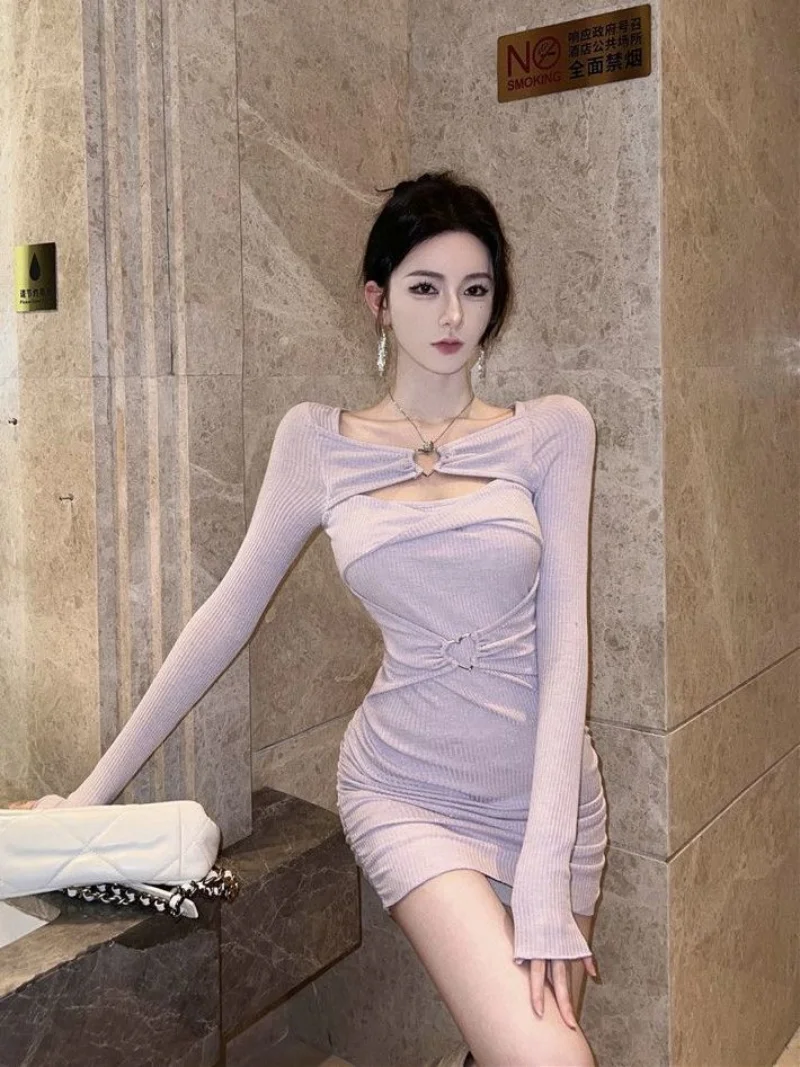 

Bodycon Dress Women Sexy Mini Purple Y2k Vintage Harajuku Korean Fashion 2023 Spring Long Sleeves