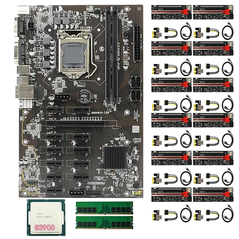 

B250 BTC Mining Motherboard 12 PCIE Slots LGA1151 DDR4 DIMM with 12XVer12 Pro PCIE Riser Card+1XG3900 CPU+2X DDR4 RAM