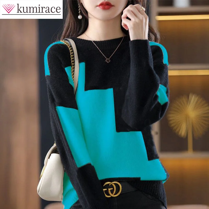 

Knitted Color Matching Long Sleeved Bottom Sweater for Women's Autumn and Winter 2023 New Outerwear Casual Topsweaters for Women