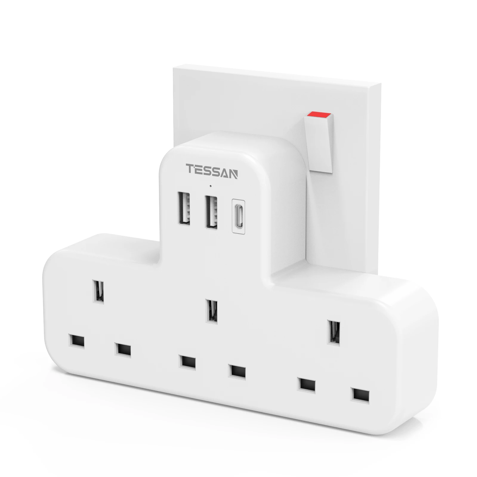 

TESSAN Великобритания удлинитель с 3 розетками переменного тока, 2 USB-A (12W) и 1 USB-C (15W), несколько настенных адаптеров для дома, офиса, путешествий