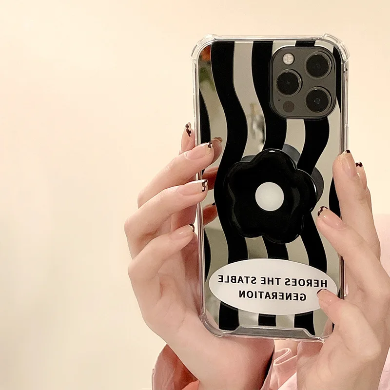 

Flower Holder Stand Mirror Phone Case For iPhone 14 12 13 11 8 7 6 Plus Pro MAX XR X XS Soft Silicone Shockproof Bumper Cover