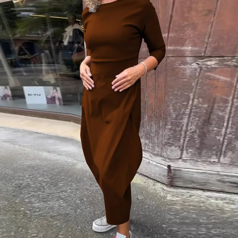 Fashion Solid Color Long Dress For Women 2025 New Spring Elegant O Neck Slim Dresses Autumn Sleeve Robe Femme