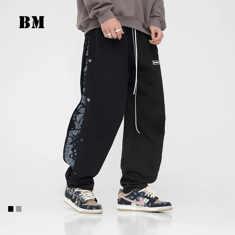 

Spring Side Breasted Patchwork Cashew Flower Sports Casual Pants Korean Loose Hip Hop Straight Leg Sweatpants Men Clothing