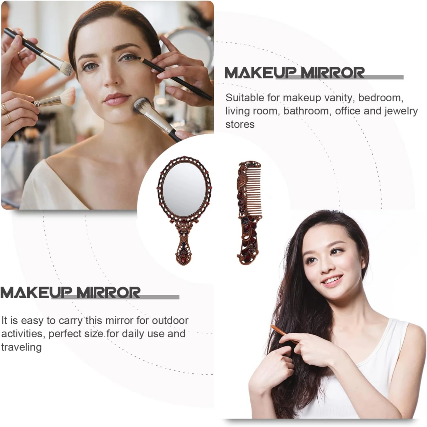 Vintage Handheld Mirror Comb Set - Elegant Makeup Accessory for Women Ideal Bathroom Decor