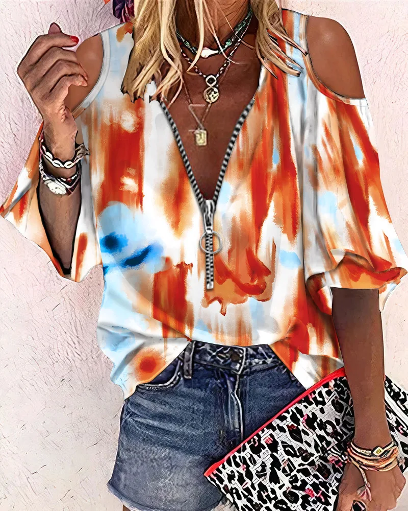 

2022 Summer Women's Print V neck Zipper Lantern Sleeve Tops Fashion Casual Loose Off Shoulder Shirt Tops Office Lady Clothing