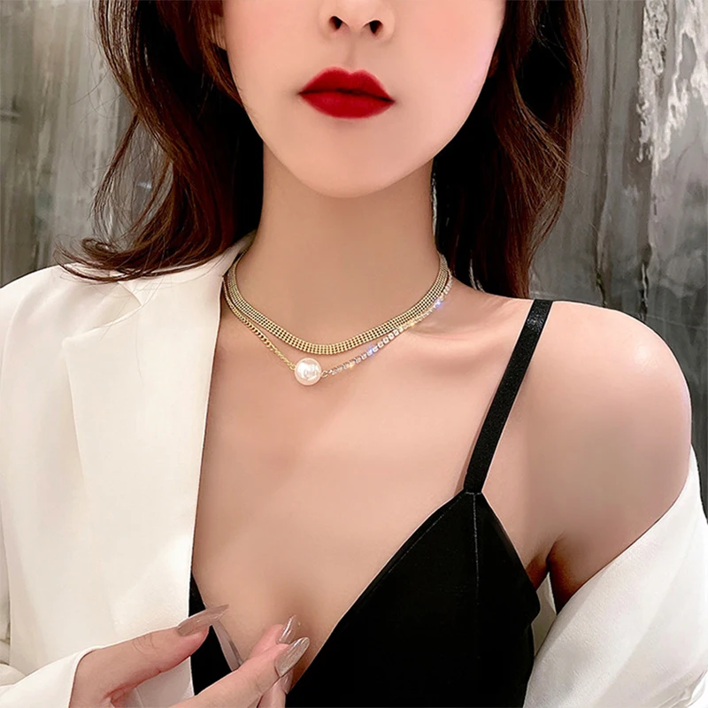 

Pearl Full Rhinestone Clavicle Chain Double Layered Pearl Necklace Personality Trend Niche Pendant Necklace Fashion Jewelry