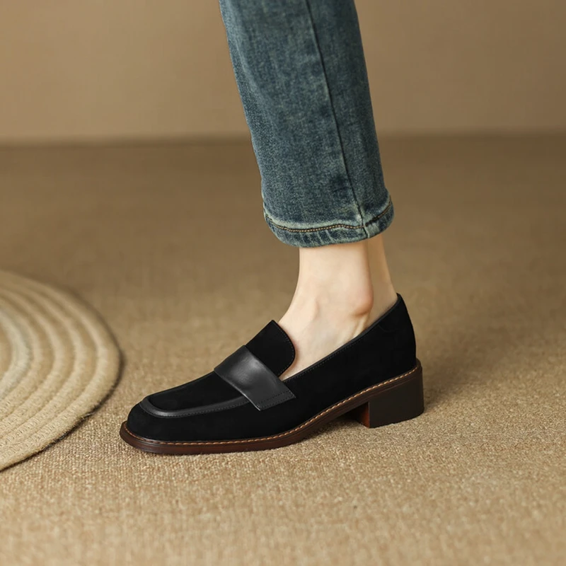 

NEW Spring Women's Loafers Sheep Suede Shoes for Women Retro High Heel Women Pumps Solid Round Toe Chunky Shoes zapatos de mujer