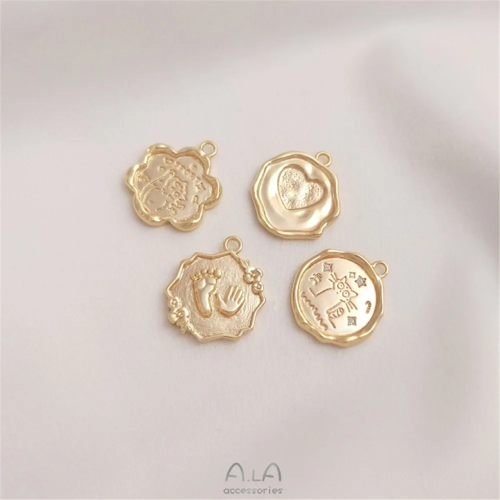 

14K gold color lovely cat design love flower shape round brand pendant handmade diy first jewelry tag pendant