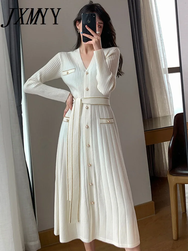 

JXMYY Autumn Single-Breasted Casual Pullover Sweater Vestidos Elegant Simple Office Dress Women's V-Neck A-Line Dresses