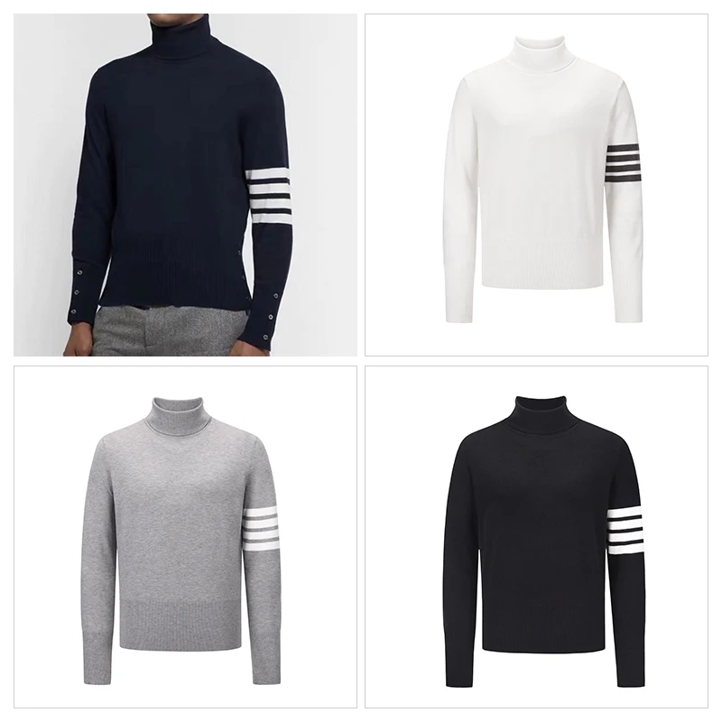 TB THOM Knitted Turtleneck Sweater Fashion Brand Slim Casual Men's Clothing Striped 4-Bar Men's Coats Sports Casual TB Sweaters