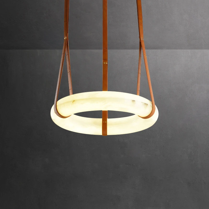 

Chandelier Led Art Decor Marble Ring Brown Leather Hanging Lustre Pendant Lamp Light Room Suspension Luminaire Lampen For Living