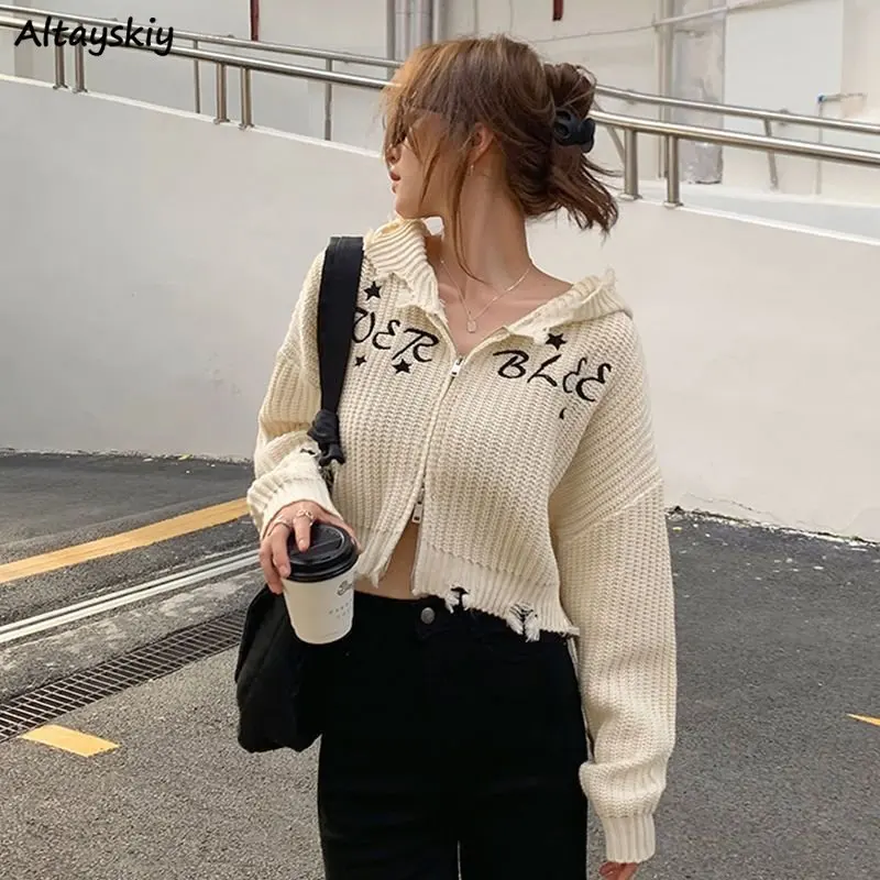 

Letter Cropped Cardigan Women Autumn Loose Lazy Korean Style Frayed High Street Knitwear All-match Hipster Popular Pull Femme