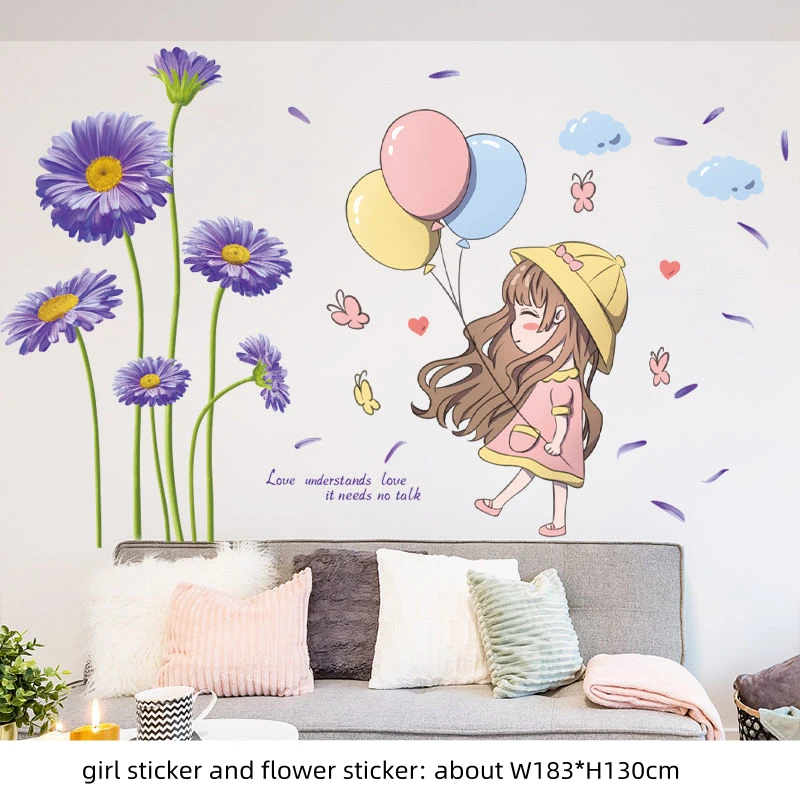 

[shijuekongjian] Flower Plants Wall Stickers DIY Girl Balloons Wall Decals for Living Room Kids Bedroom Kitchen House Decoration