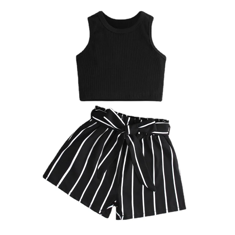 

Модный летний комплект одежды для девочек, футболка для девочек, короткий топ без рукавов и шорты, костюмы для маленьких девочек с высокой талией, Повседневные детские костюмы