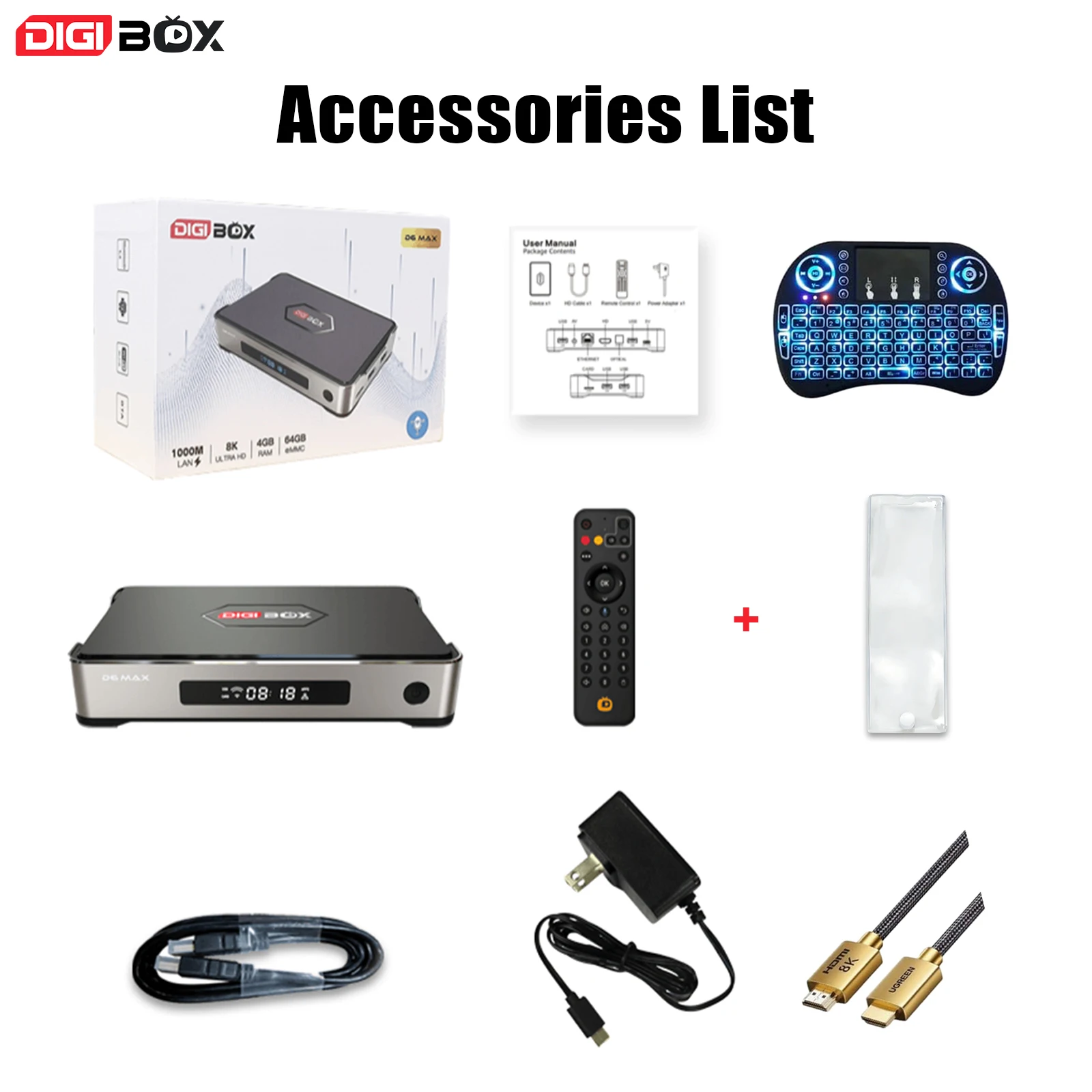 Оригинальная новая ТВ-приставка DIGIBOX D6 MAX Smart Android, медиаплеер Smart Global, поддержка 8K HD | Wi-Fi 6 | 4 ГБ + 64 ГБ | Голосовой пульт дистанционного управления (art.: 3920dbab347ed) - 3920dbab347ed