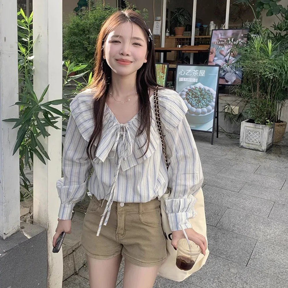 Осенняя полоска с кукольным воротником женские стильные милые топы в японском