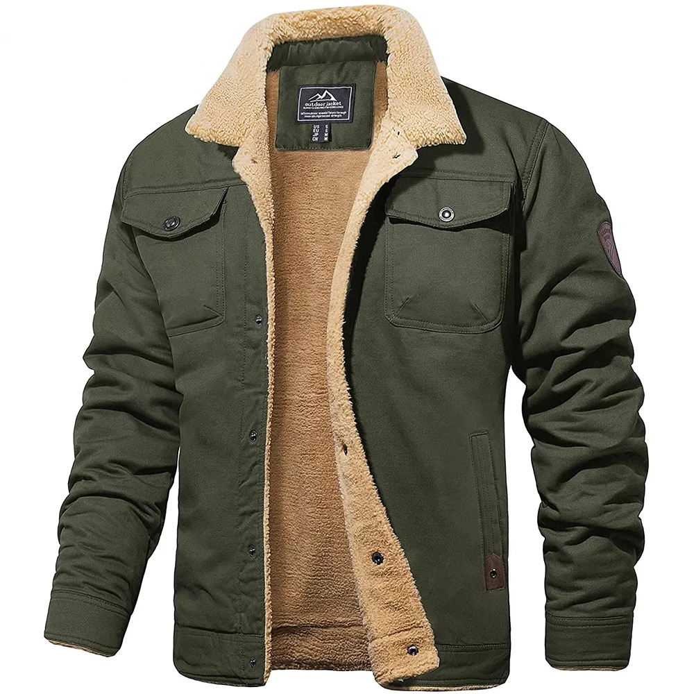 

2023 Men Turn-down Collar Winter Cotton Jackets Mens Sherpa Trucker Military Parka Green Tactical Cargo Coats Clothes Overcoats