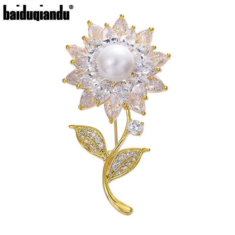 

Baiduqiandu High Quality Cubic Zircon Sunflower Brooches For Women Gold Silver Plated Luxury Brooch Pins With Imitation Pearl