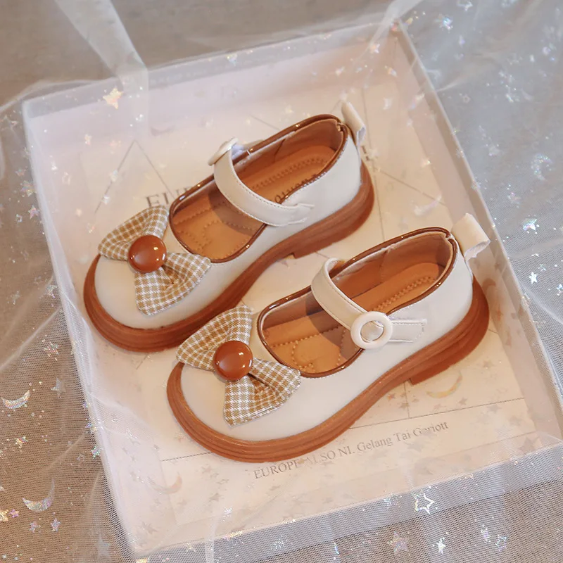 Обувь принцессы для девочек, Новинка весна-осень 2023, детские Нескользящие туфли на мягкой подошве с бантом, модные Универсальные кожаные туфли H597