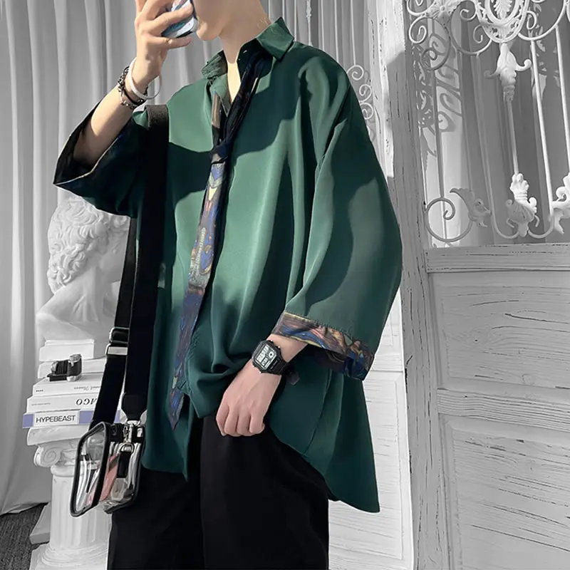 EOENKKY/Half Sleeve Men Solid Shirts Summer Casual Oversize Blouses Dark Green Fashion Male Cardigan Vintage Korean Clothing