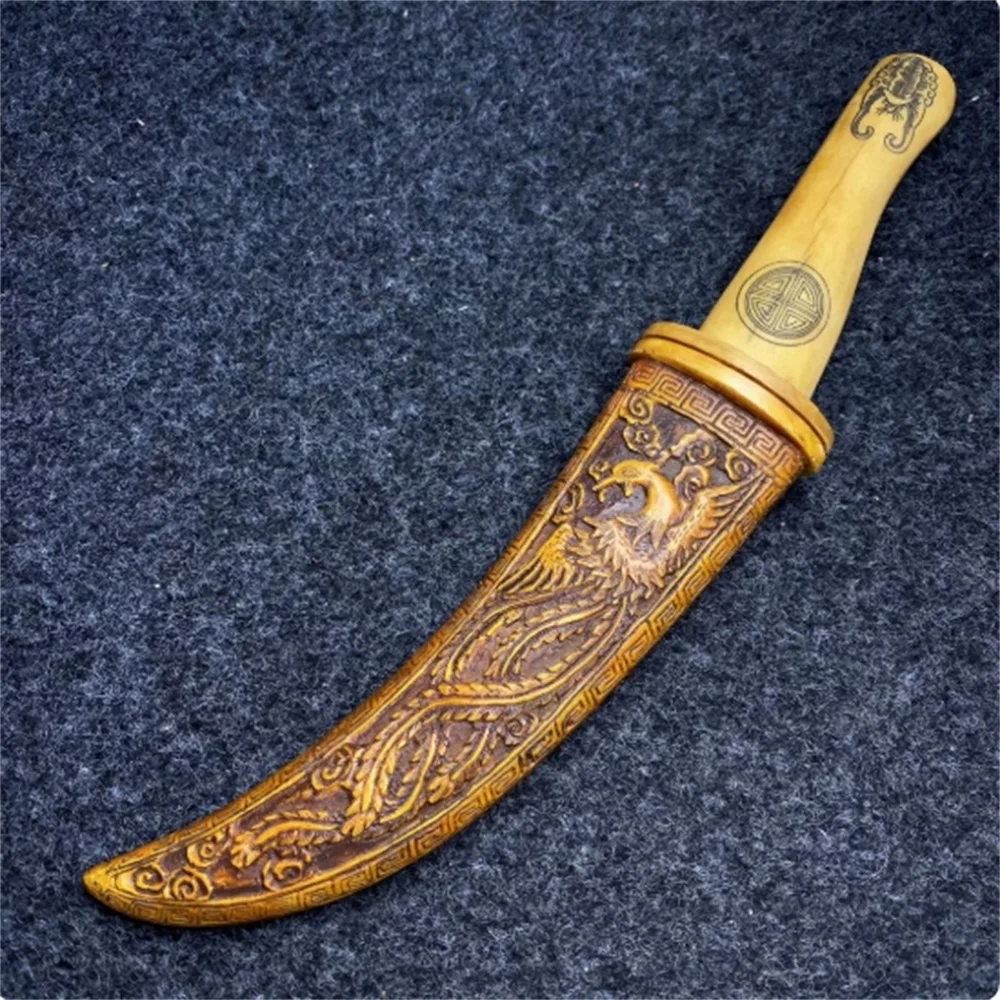 Фото Изысканный нож/меч из кости яка, резной нож из кости зверя с двойным драконом, играющим с жемчужиной №2