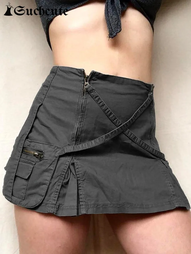 

SUCHCUTE Grunge Fairycore Mini Skirts Women Y2K Harajuku Bandage Low Waist Cargo Skirt Vintage 90s Streetwear Casual Clothes